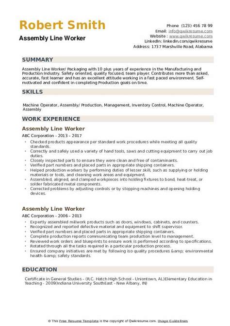 Assembly Line Worker Resume Samples | QwikResume