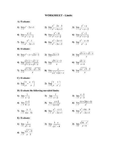 Limit Laws Worksheet With Answers