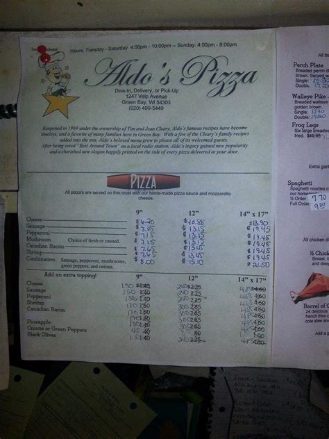 Menu at Aldo's Pizza pizzeria, Green Bay