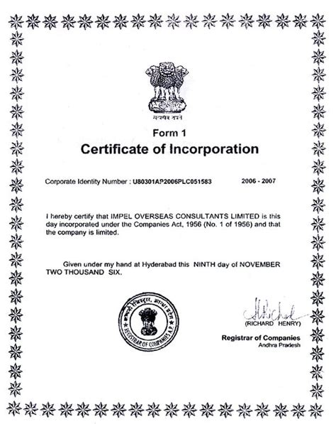 Certificate Of Incorporation Template