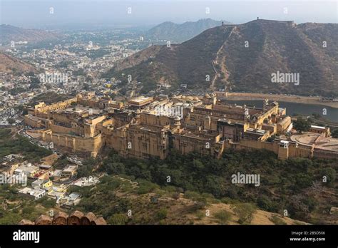 Aerial view of Amer Fort with Jaipur cityscape as seen from top of ...