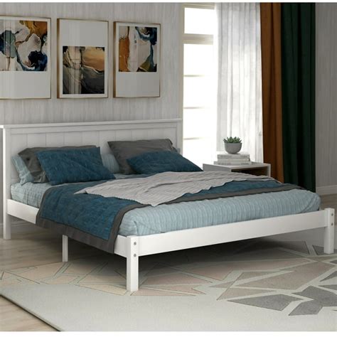 Queen Platform Bed with Headboard, Premium White Wood Bed Frame, Modern ...