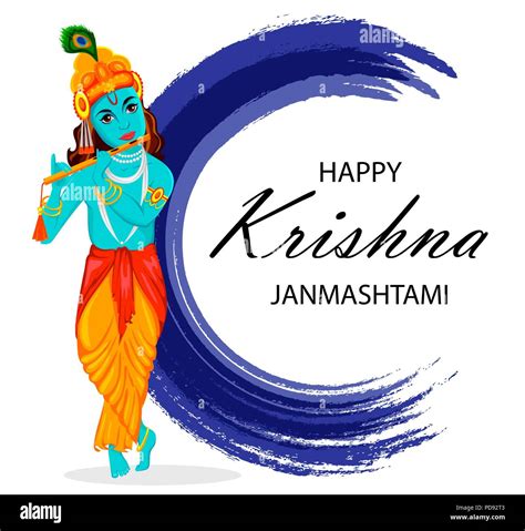 Happy Krishna Janmashtami greeting card. Lord Krishna Indian God plays the flute. Vector ...