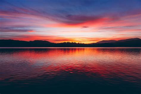 Lago, atardecer, horizonte, cielo, árboles, Twilight HD: Widescreen: alta definición: pantalla ...