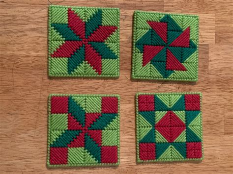 Coaster Set Festive Holiday Quilt Block Red and Green - Etsy | Plastic ...