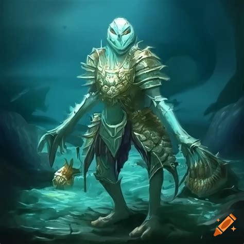 Fish humanoid in aquatic seashell knight armor in fantasy art on Craiyon