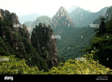 mountain range and view in huangshan / yellow mountains in China after hiking up millions of ...