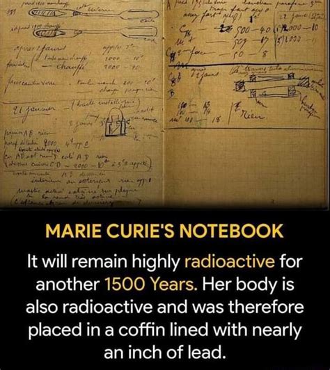 MARIE CURIE'S NOTEBOOK It will remain highly radioactive for another 1500 Years. Her body is ...