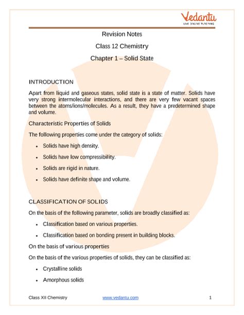 Class 12 Chemistry Revision Notes for Chapter 1 - The Solid State