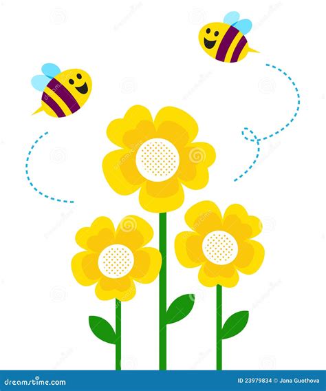 Cute Little Bees Flying Around Flowers Stock Vector - Illustration of ...