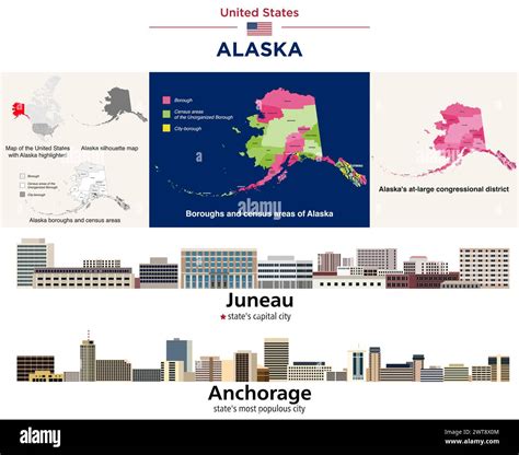 Alaska's boroughs and census areas map and at-large congressional district map. Skylines of ...