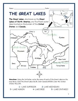 THE GREAT LAKES Printable Worksheet with map by Interactive Printables