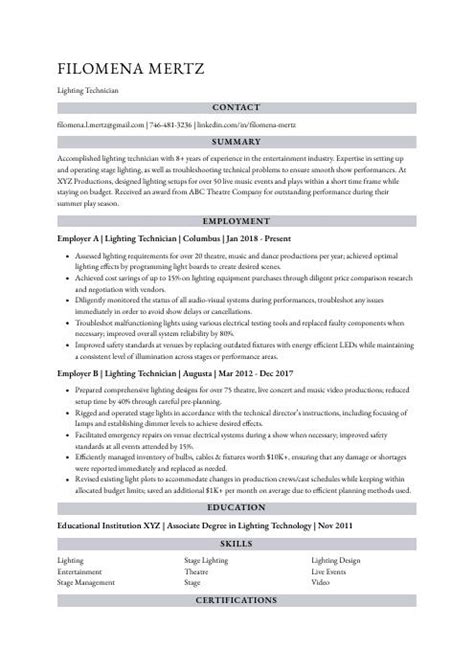 Lighting Technician Resume (CV) Example and Writing Guide