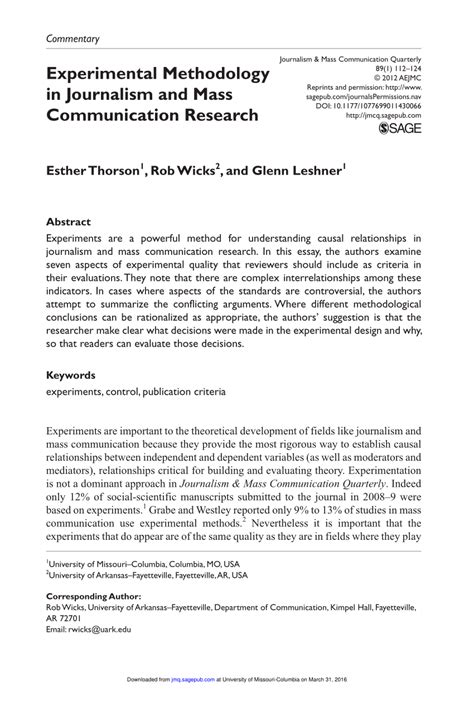 (PDF) Experimental Methodology in Journalism and Mass Communication Research