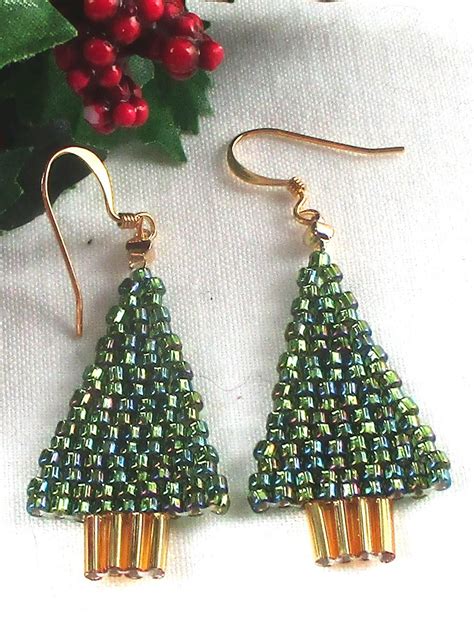 Beaded Christmas Tree Dangle Earrings Green Rainbow & Gold Glass Seed ...