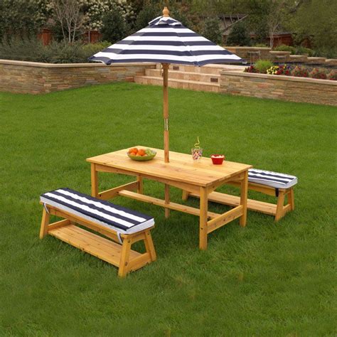 Outdoor Table & Bench Set with Cushions & Umbrella - Navy & White Stripes