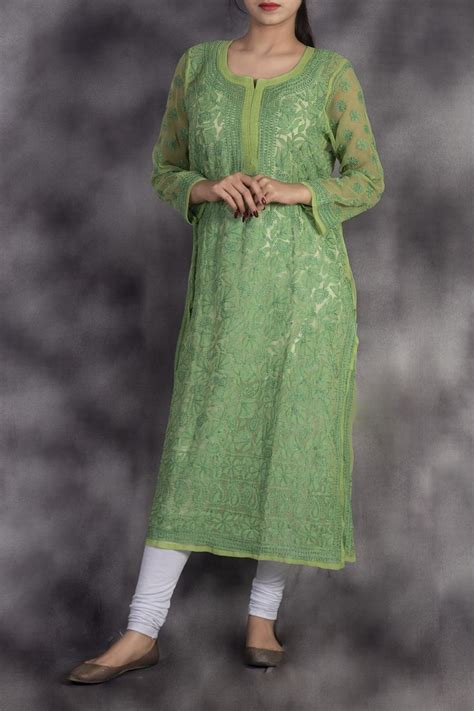 Hand Embroidered Green Lucknowi Chikankari Kurti-(Georgette)-GA250706 ...