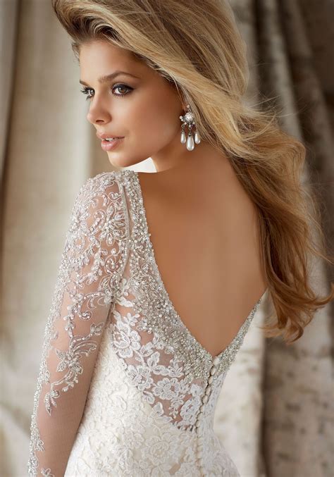 Lace Appliques on Net, Swarovski Crystal Beading Long Sleeve Bridal Dress. Colors available ...