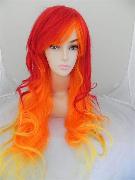 ON SALE Bright Hayley Williams Inspired / Cherry Red, Orange and Yellow / Long Curly Wavy ...
