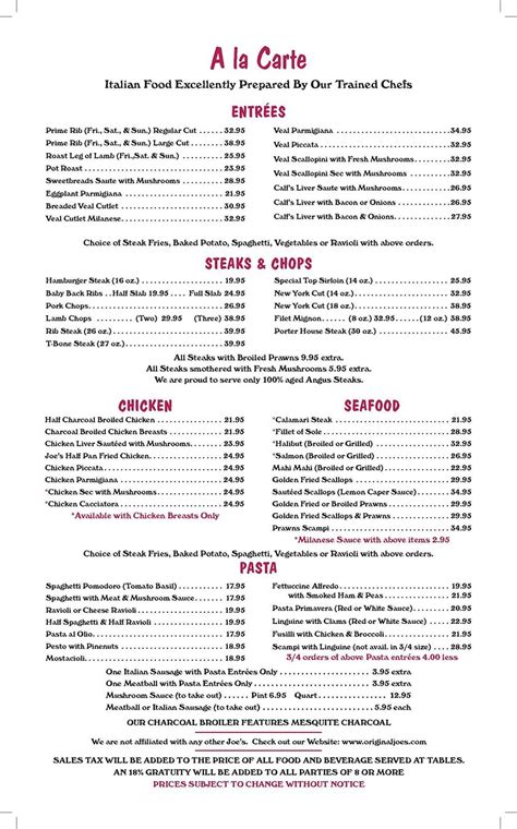 Original Joe's A La Carte Menu | Resturant menu, Restaurant menu template, Menu restaurant