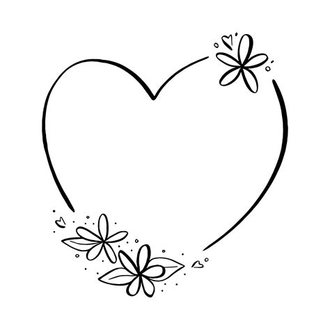 Doodle black line flowers with leaf on heart shape frame. Vector ...