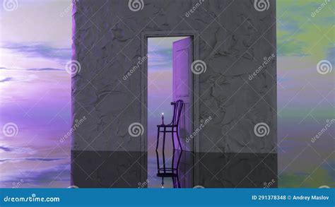 White Concrete Wall and an Open Door To Imaginary World. Purple Sunset. Surrealism. a Candle ...