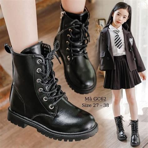 Boot cho bé gái - Giày bốt cổ cao trẻ em học sinh da mềm màu đen sàn ...