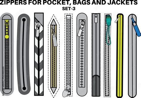 Zip fastener with Zipper puller flat sketch vector illustrator. Set of ...