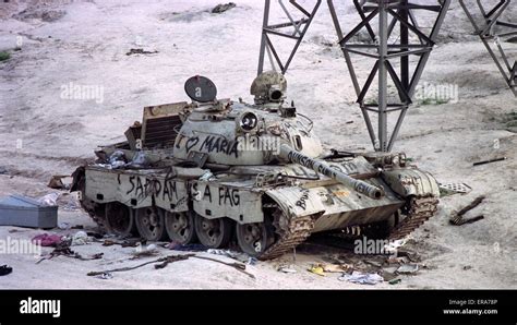 1st April 1991 U.S. Army graffiti on an Iraqi tank on the “Highway of ...