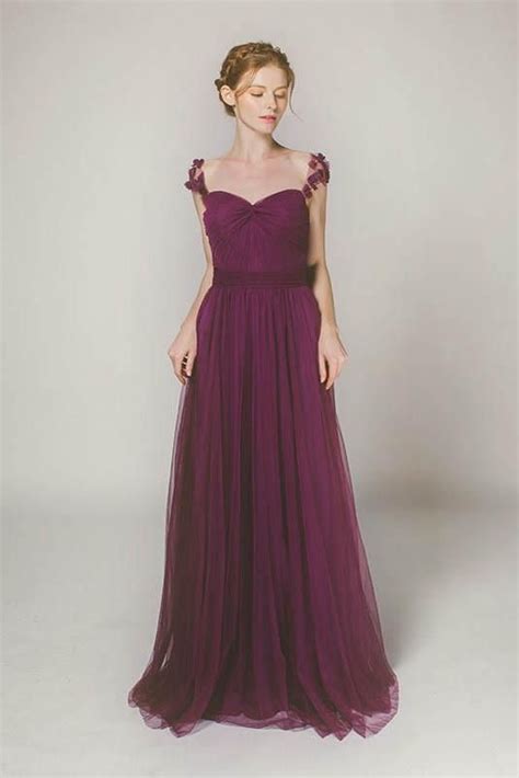 Eggplant Purple Sweetheart Tulle Bridesmaid Dresses with Floral Straps #purple #… | Bridesmaid ...