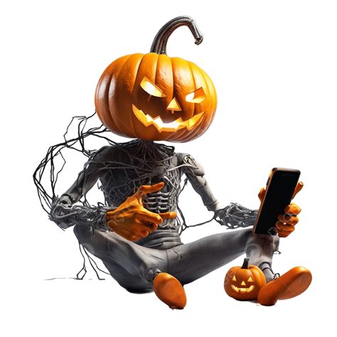 Halloween Pumpkin Man Character Playing On Cellphone, Halloween Pumpkin ...