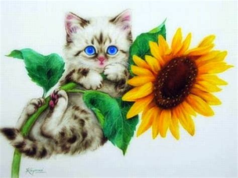 ..Sunflower Kitten.., pretty, draw and paint, adorable, paintings, sunflowers, HD wallpaper | Peakpx