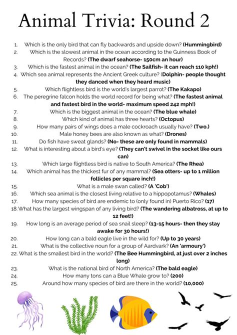 FREE 50 Animal Trivia Questions and Answers Printable | Fun trivia ...