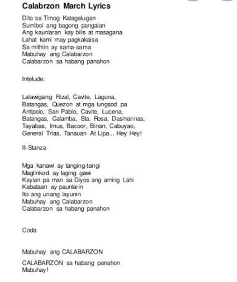 NEEDED!! What are the parts of the song of CALABARZON MARCH? - Brainly.ph