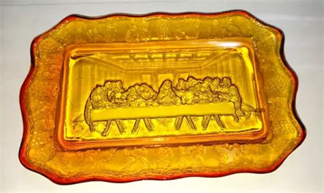 VINTAGE THE LAST SUPPER Amberina 11"x7" Tiara Glass Decorative Bread Tray Plate $19.99 - PicClick