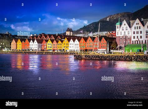 Historical houses of Bryggen, Bergen at night Stock Photo - Alamy