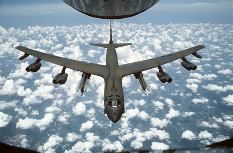 An air-to-air front view of a B-52G Stratofortress aircraft from the 416th bombardment Wing ...