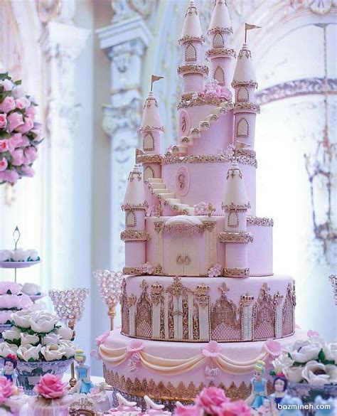 کیک چند طبقه جشن تولد دخترانه به شکل قلعه با تم صورتی | Cinderella wedding cake, Cool wedding ...