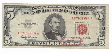 Crisp 1963 Red Seal $5. 00 United States Note A57938664a Lincoln Five Dollar Bill