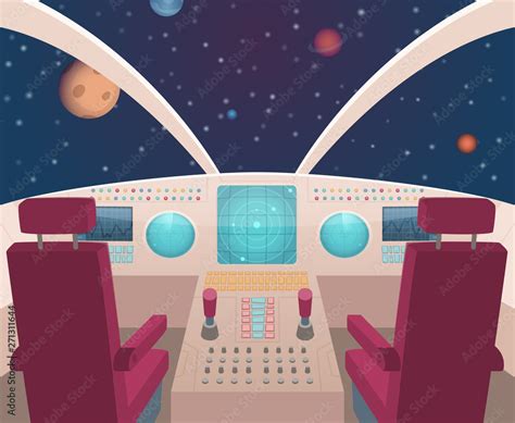 Spaceship cockpit. Shuttle inside interior with dashboard panel vector illustration in cartoon ...