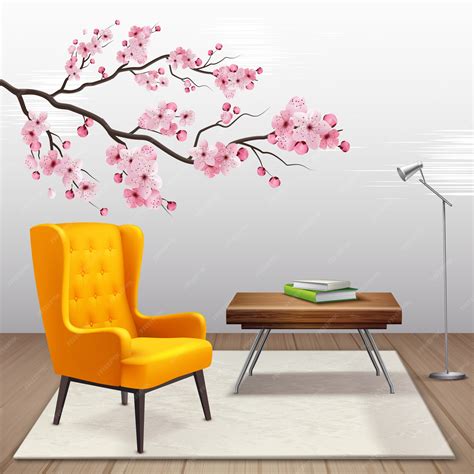 Free Vector | Sakura interior composition with cherry twig in the house next to armchair and ...