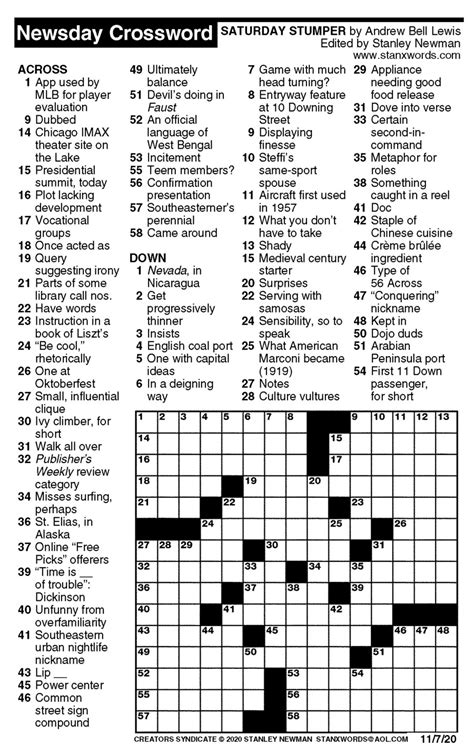 Newsday Crossword Puzzle for Nov 07, 2020, by Stanley Newman | Creators ...