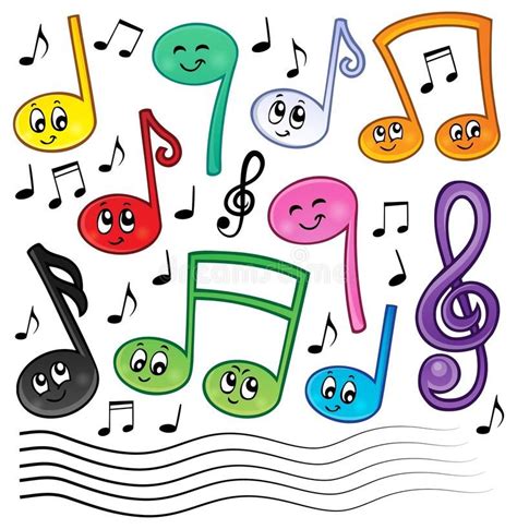 colorful music notes with smiley faces and musical staffs stock photo - image 349874