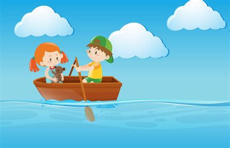 Kids rowing boat in the river 369764 Vector Art at Vecteezy