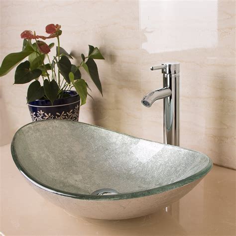 Tempered Glass Vessel Bathroom Vanity Sink, Artistic Oval Washing Bowl - newbuy