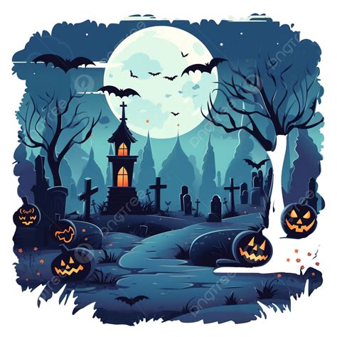 Halloween Flat Illustration, Full Moon Night In Spooky Cementery, Halloween Tree, Halloween ...