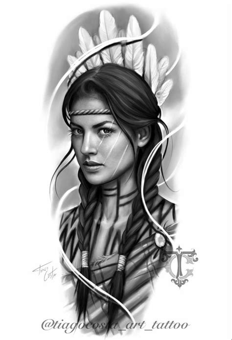 a drawing of a native american girl with feathers on her head and an arrow in her hand