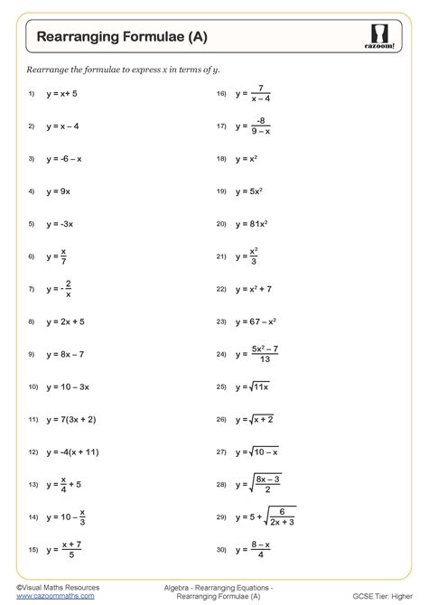 Rearranging Formulae (A) | Cazoom Maths Worksheets