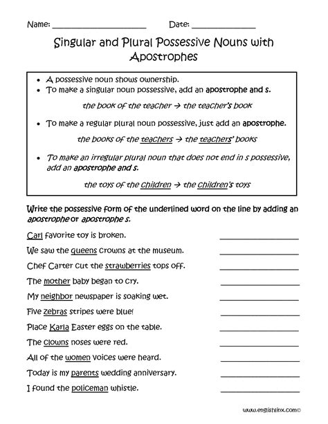 Possessive Nouns Apostrophe Worksheets