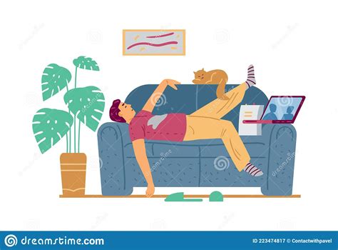 Lazy Man Lying on Couch and Watching Movie, Flat Vector Illustration ...